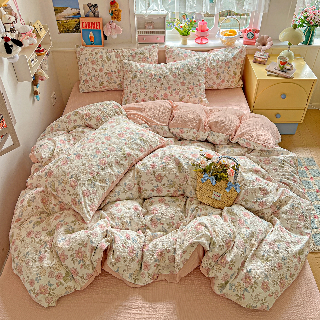 91家纺网 家纺一手货源 找家纺 （总）悦织湾家纺 2026新款泡芙棉印花四件套单品单被套枕套时尚轻奢卡通小碎花学生宿舍用品三四件套