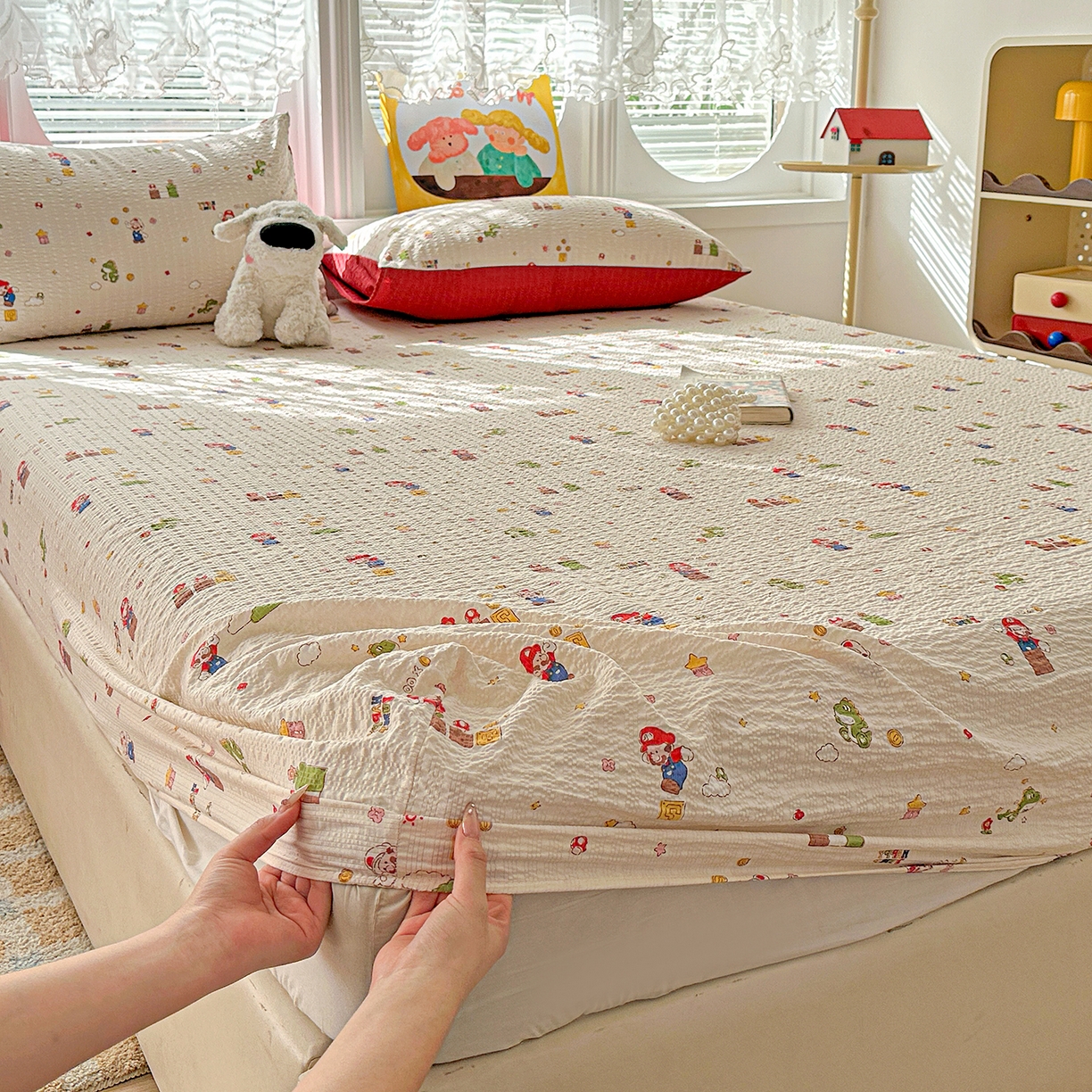 91家纺网 家纺一手货源 找家纺 悦织湾家纺 2026新款老粗布印花床单床笠床笠三两件套春秋学生宿舍单双人床笠 超级玛丽