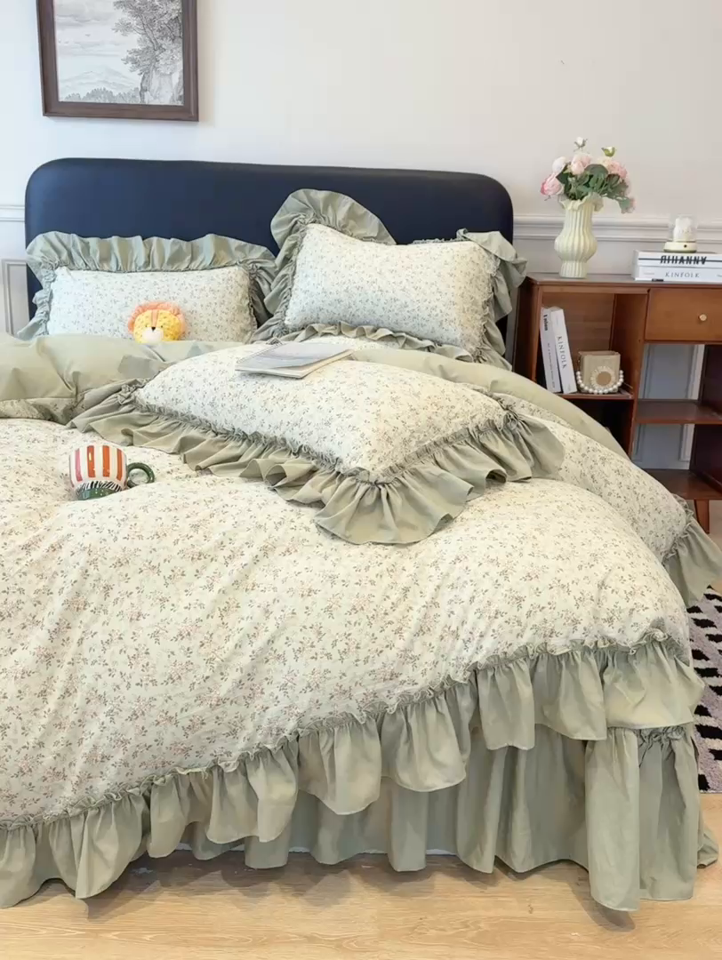 91家纺网 家纺一手货源 找家纺 大麦家纺 2026新款水洗古棉床盖印花四件套 林间小兔