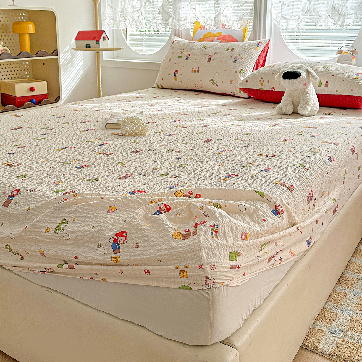 91家纺网 家纺一手货源 找家纺 悦织湾家纺 2026新款老粗布印花床单床笠床笠三两件套春秋学生宿舍单双人床笠 超级玛丽