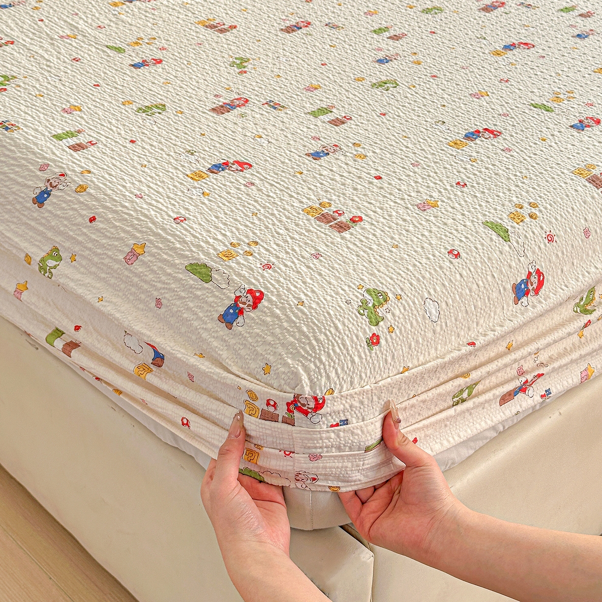 91家纺网 家纺一手货源 找家纺 悦织湾家纺 2026新款老粗布印花床单床笠床笠三两件套春秋学生宿舍单双人床笠 超级玛丽