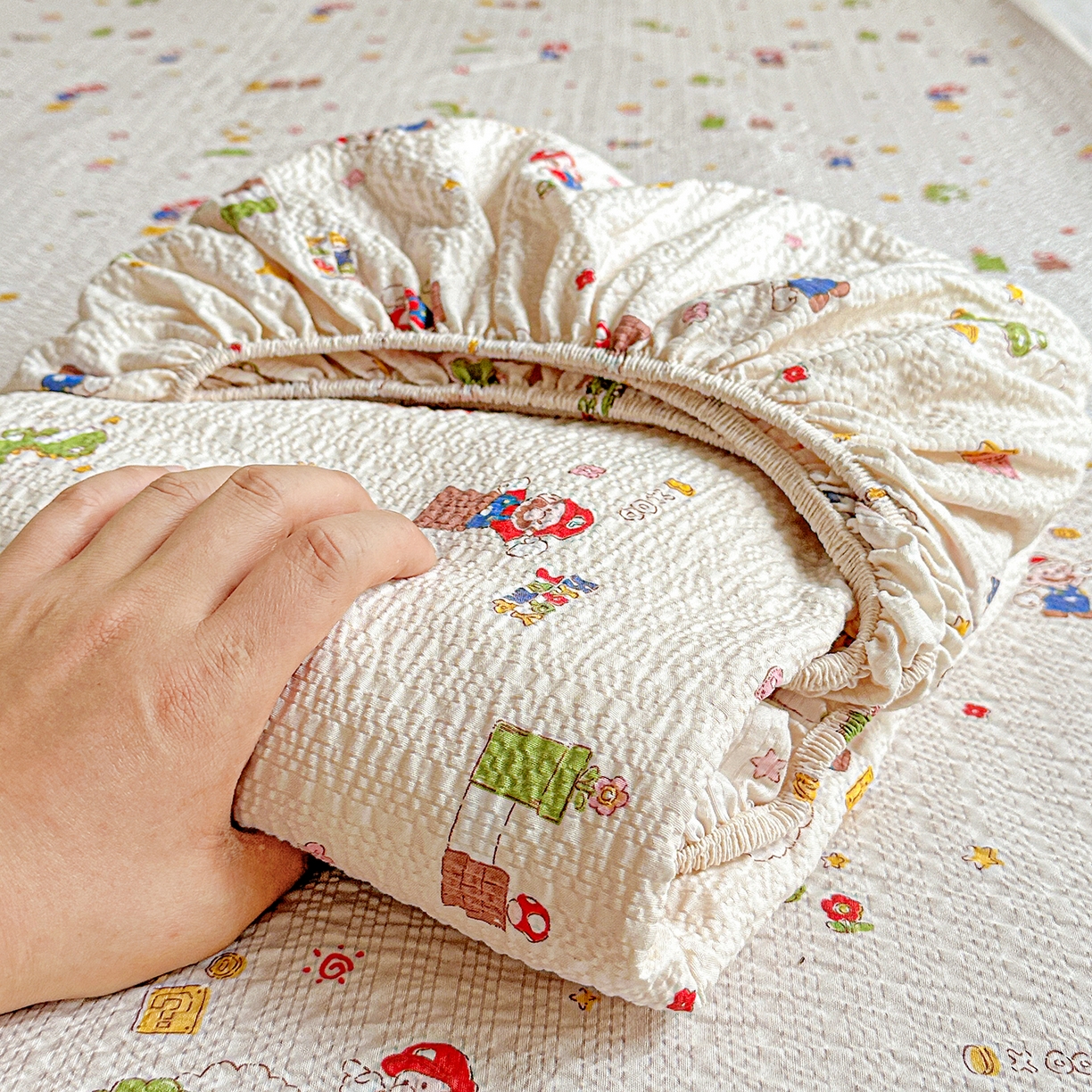 91家纺网 家纺一手货源 找家纺 悦织湾家纺 2026新款老粗布印花床单床笠床笠三两件套春秋学生宿舍单双人床笠 超级玛丽