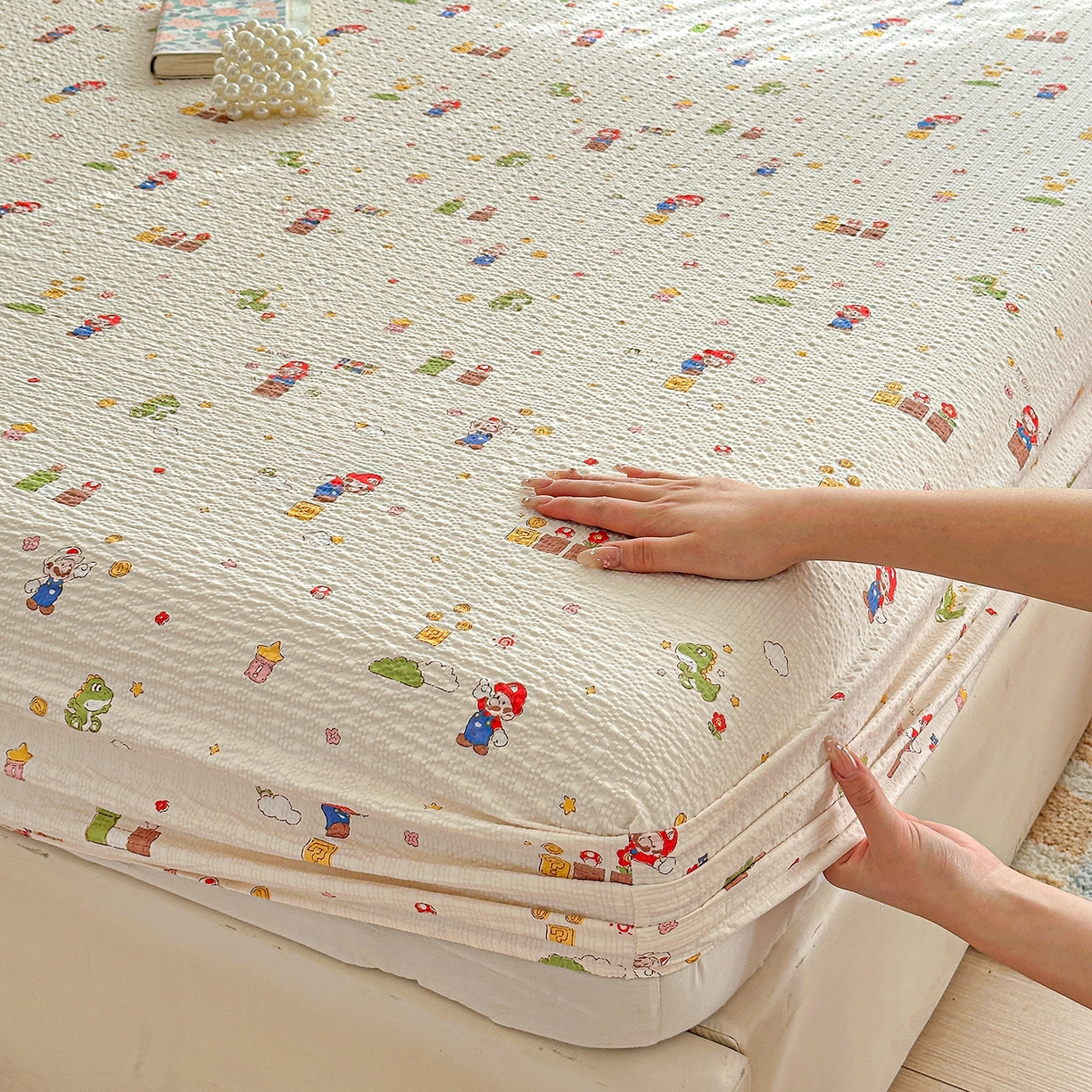 91家纺网 家纺一手货源 找家纺 悦织湾家纺 2026新款老粗布印花床单床笠床笠三两件套春秋学生宿舍单双人床笠 超级玛丽