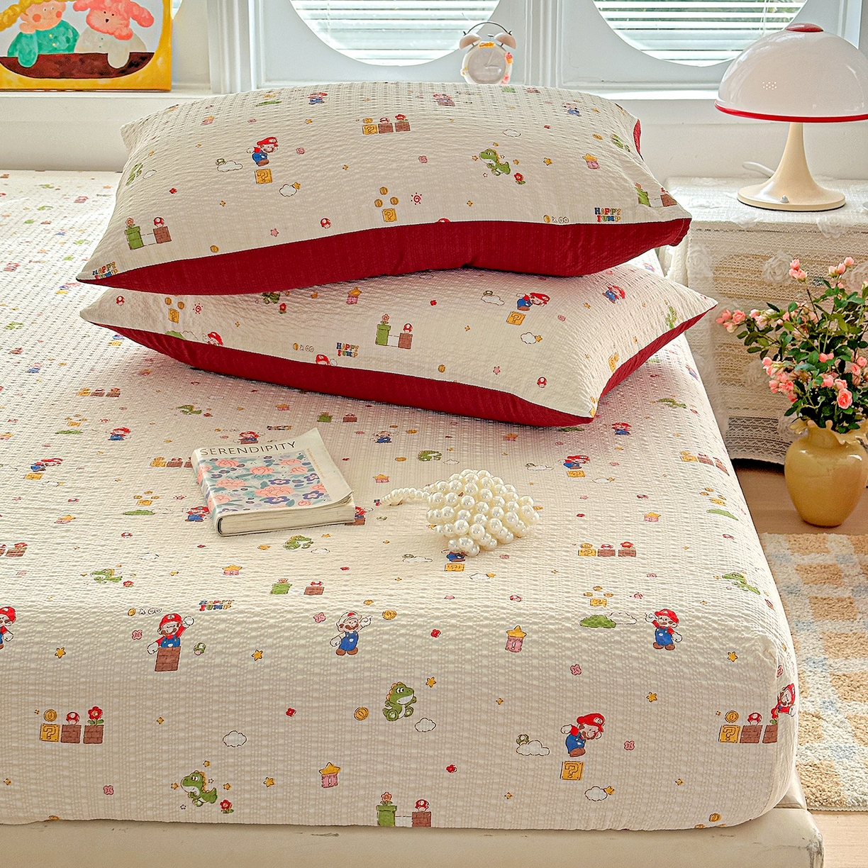 91家纺网 家纺一手货源 找家纺 悦织湾家纺 2026新款老粗布印花床单床笠床笠三两件套春秋学生宿舍单双人床笠 超级玛丽