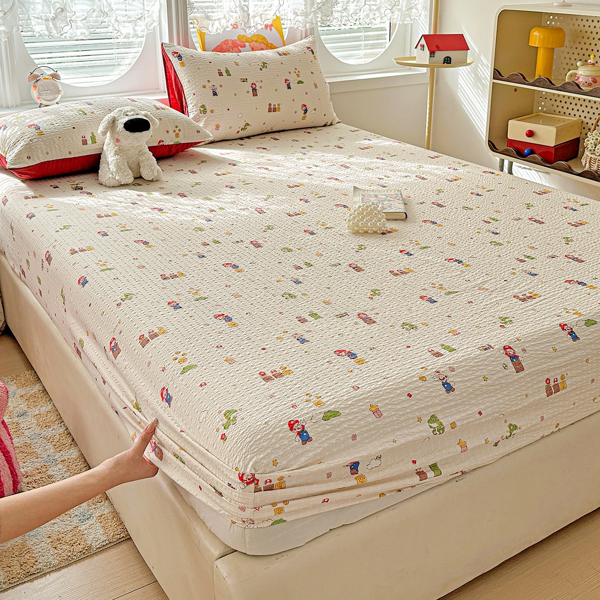 91家纺网 家纺一手货源 找家纺 悦织湾家纺 2026新款老粗布印花床单床笠床笠三两件套春秋学生宿舍单双人床笠 超级玛丽