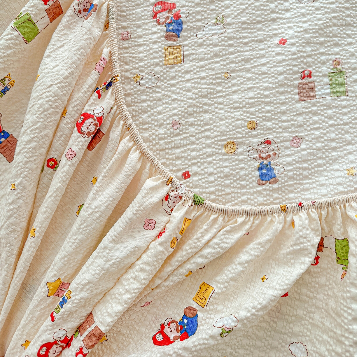 91家纺网 家纺一手货源 找家纺 悦织湾家纺 2026新款老粗布印花床单床笠床笠三两件套春秋学生宿舍单双人床笠 超级玛丽