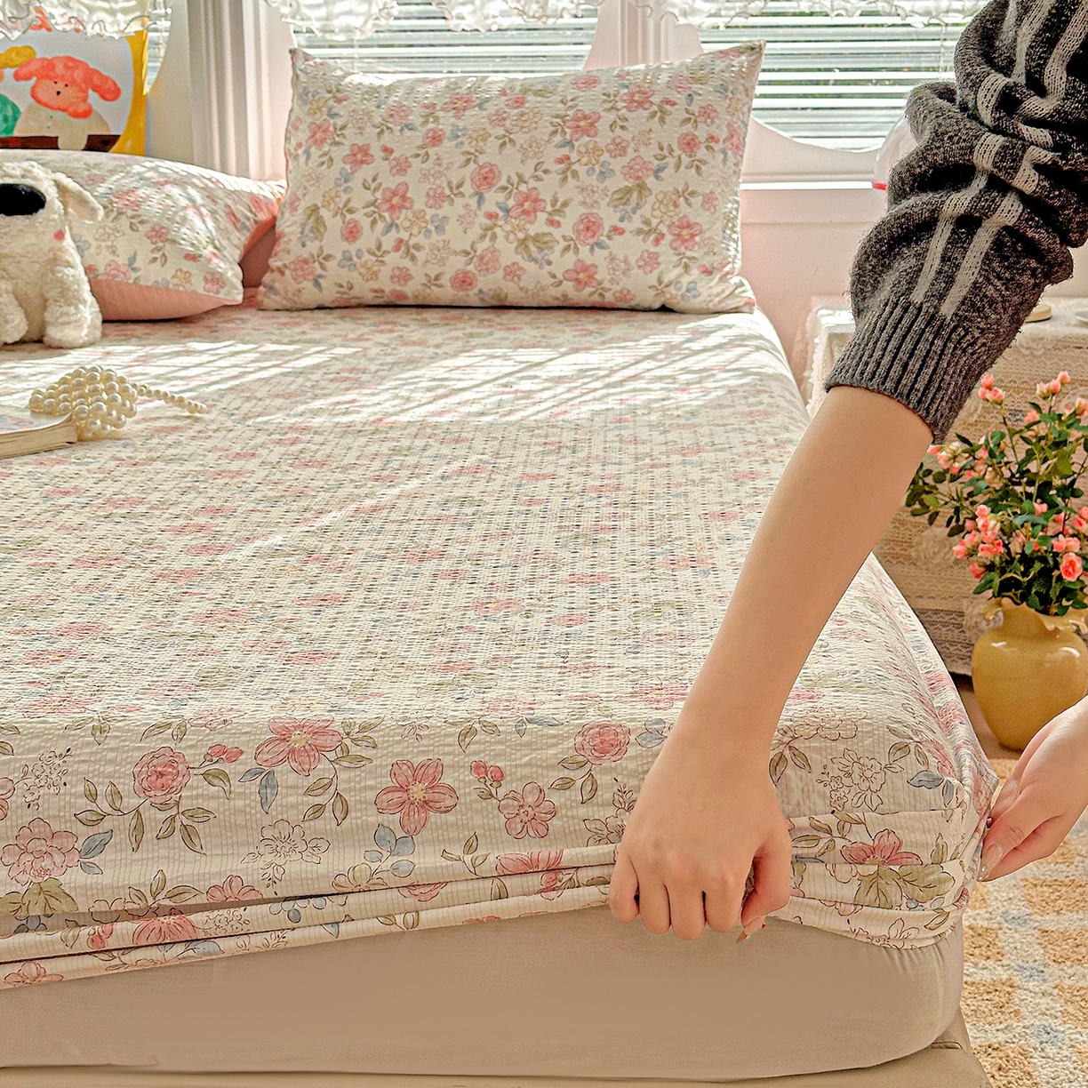 91家纺网 家纺一手货源 找家纺 悦织湾家纺 2026新款老粗布印花床单床笠床笠三两件套春秋学生宿舍单双人床笠 春日花语