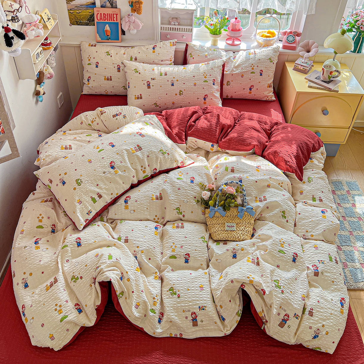 悦织湾家纺 2026新款泡芙棉印花四件套单品单被套枕套时尚轻奢卡通小碎花学生宿舍用品三四件套 超级玛丽