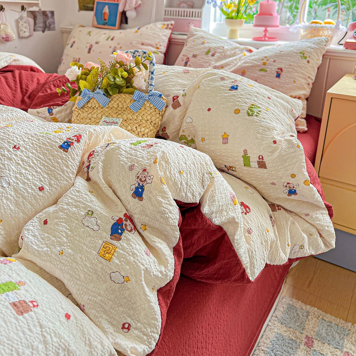 91家纺网 家纺一手货源 找家纺 悦织湾家纺 2026新款泡芙棉印花四件套单品单被套枕套时尚轻奢卡通小碎花学生宿舍用品三四件套 超级玛丽