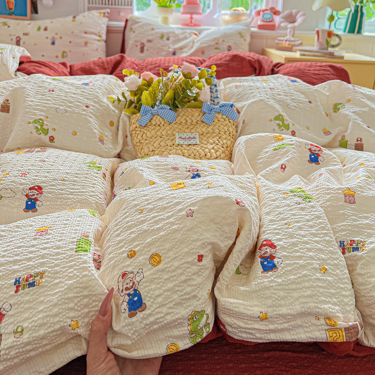 91家纺网 家纺一手货源 找家纺 悦织湾家纺 2026新款泡芙棉印花四件套单品单被套枕套时尚轻奢卡通小碎花学生宿舍用品三四件套 超级玛丽