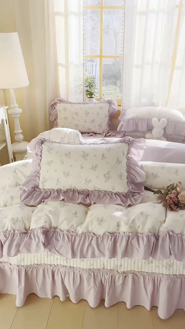 91家纺网 家纺一手货源 找家纺 大麦家纺 2026新款水洗古棉床盖印花四件套 槿上花开