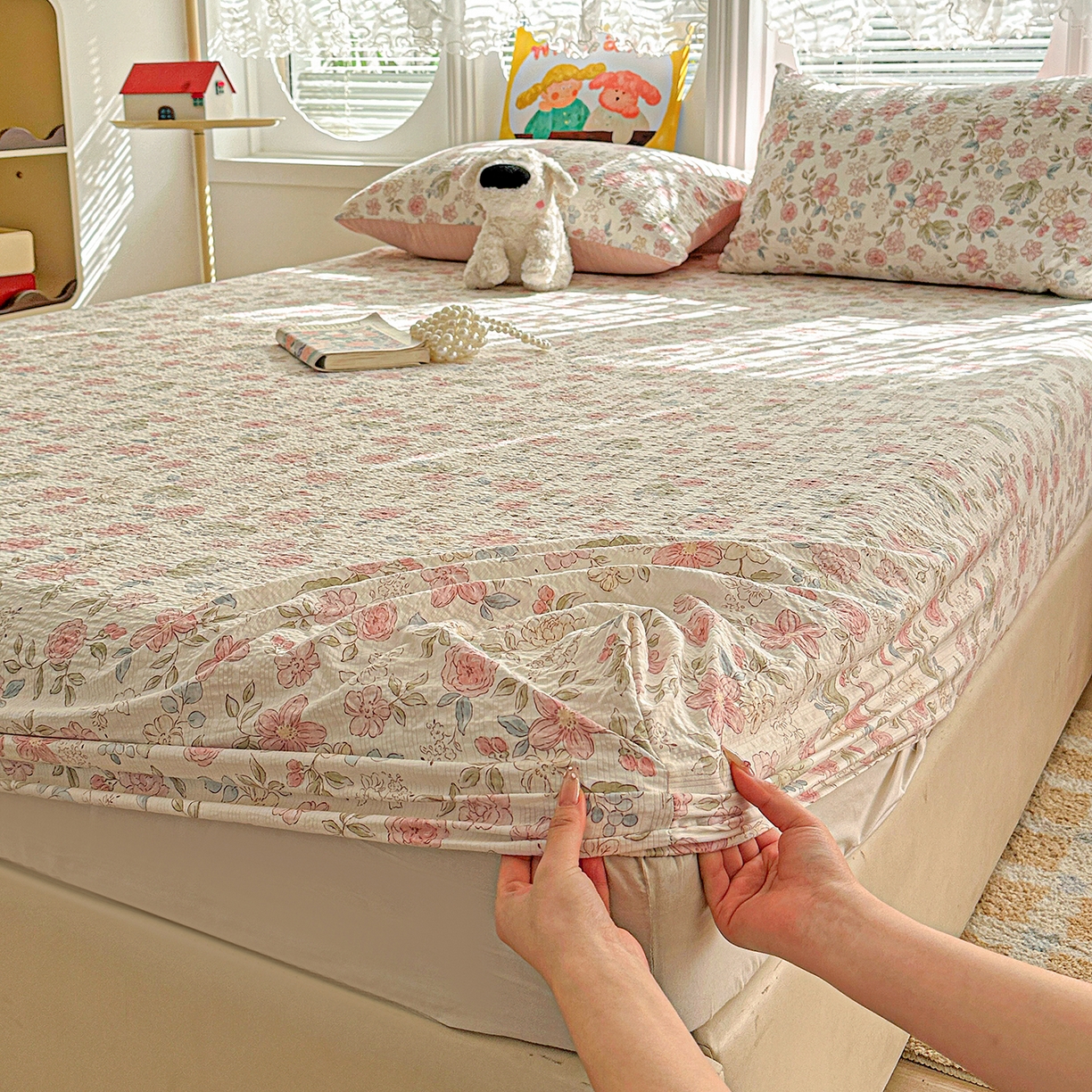 91家纺网 家纺一手货源 找家纺 悦织湾家纺 2026新款老粗布印花床单床笠床笠三两件套春秋学生宿舍单双人床笠 春日花语