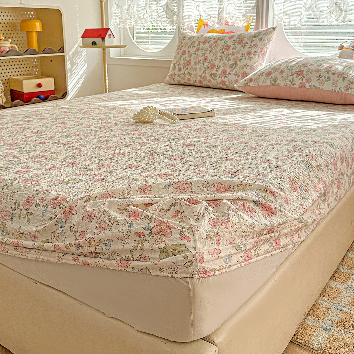 91家纺网 家纺一手货源 找家纺 悦织湾家纺 2026新款老粗布印花床单床笠床笠三两件套春秋学生宿舍单双人床笠 春日花语