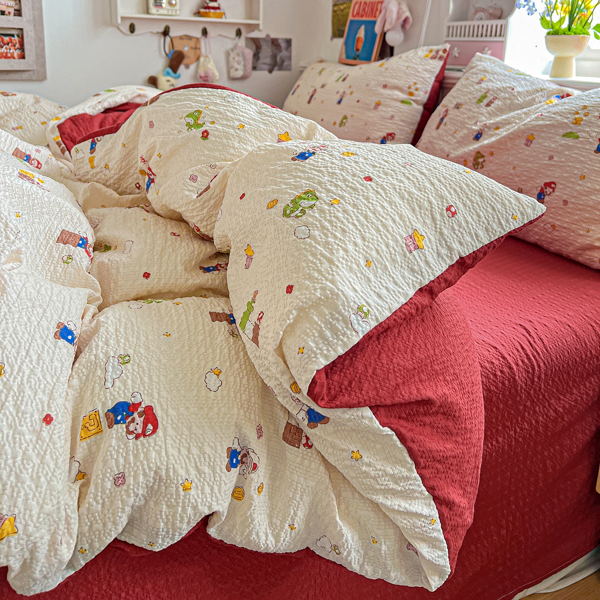 91家纺网 家纺一手货源 找家纺 悦织湾家纺 2026新款泡芙棉印花四件套单品单被套枕套时尚轻奢卡通小碎花学生宿舍用品三四件套 超级玛丽