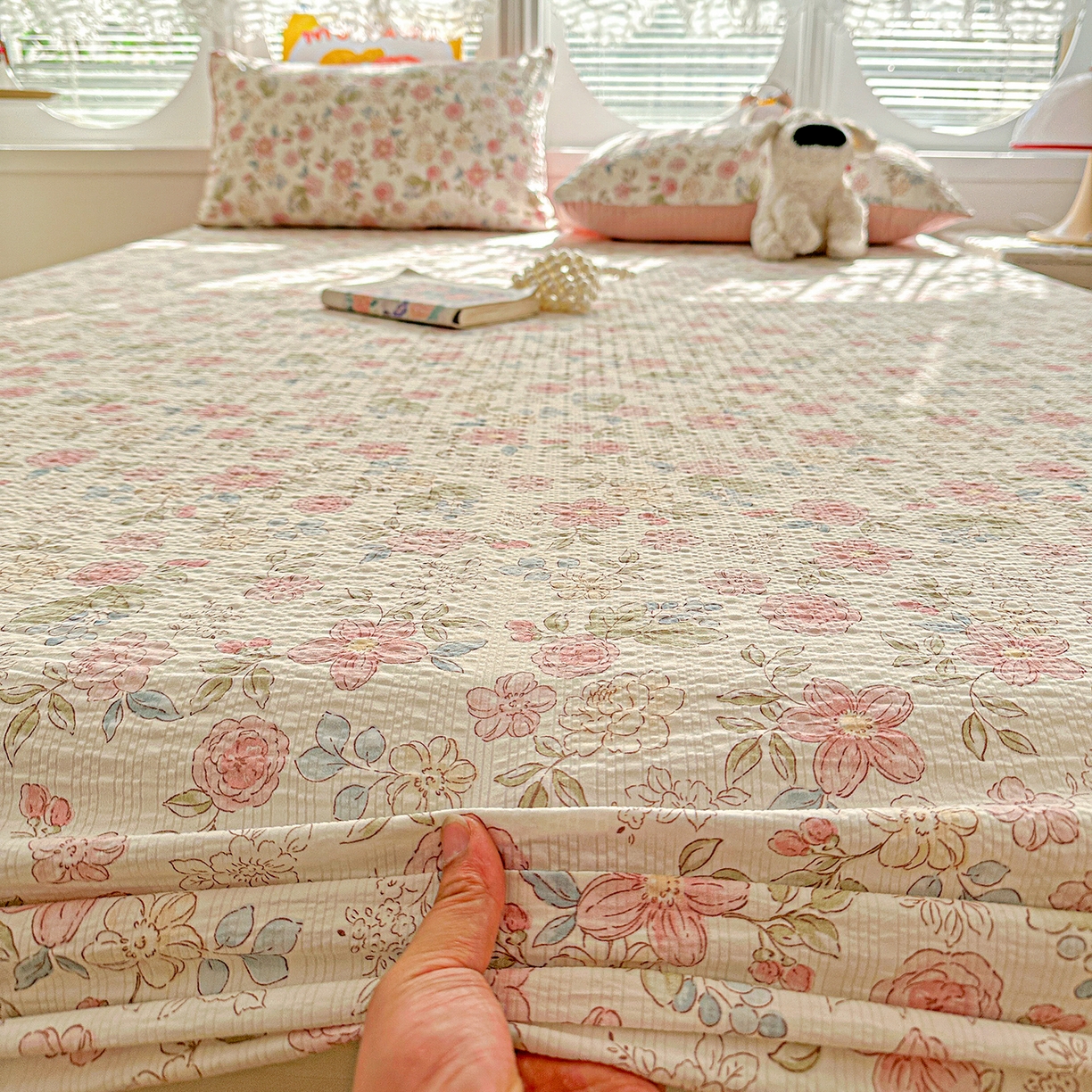 91家纺网 家纺一手货源 找家纺 悦织湾家纺 2026新款老粗布印花床单床笠床笠三两件套春秋学生宿舍单双人床笠 春日花语