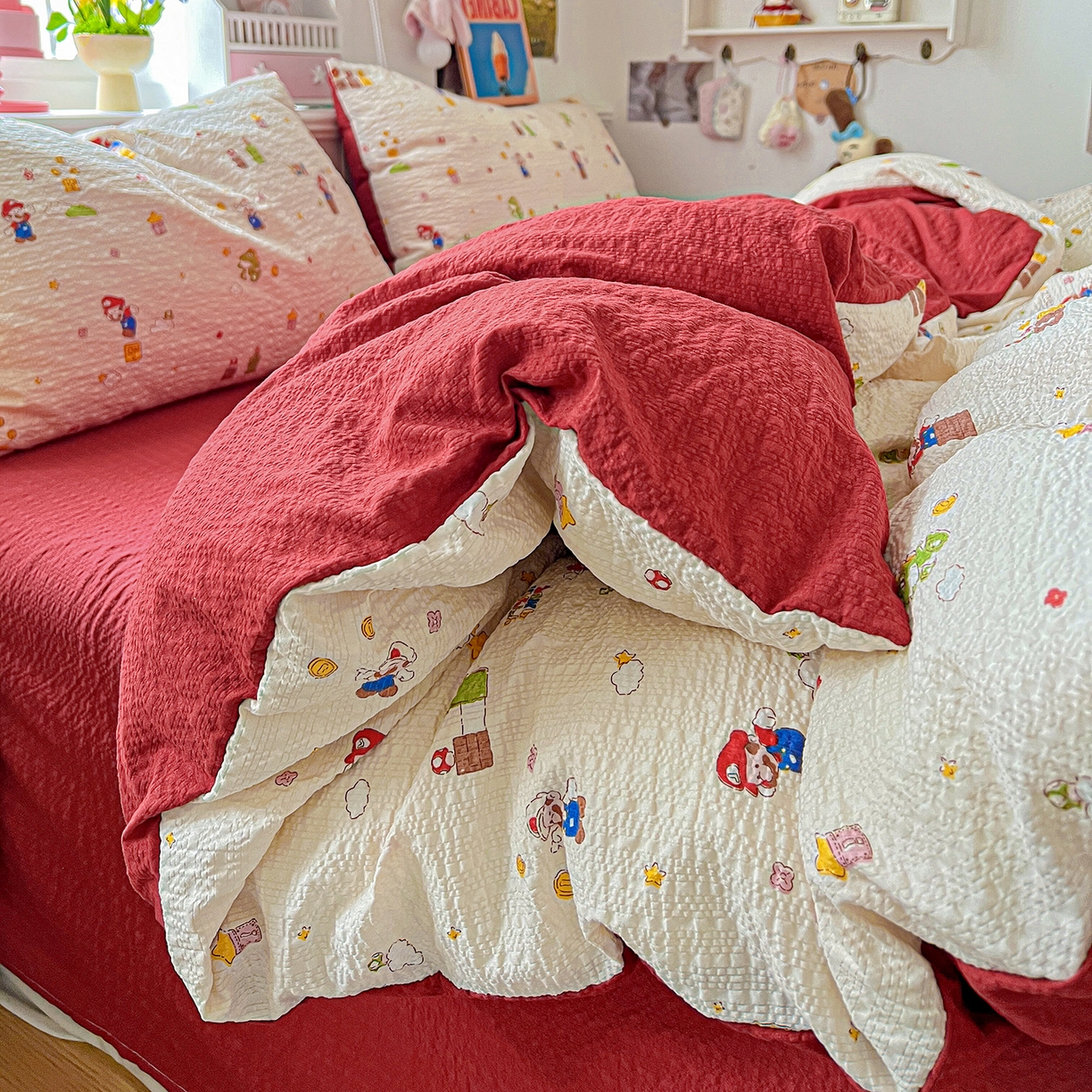 91家纺网 家纺一手货源 找家纺 悦织湾家纺 2026新款泡芙棉印花四件套单品单被套枕套时尚轻奢卡通小碎花学生宿舍用品三四件套 超级玛丽