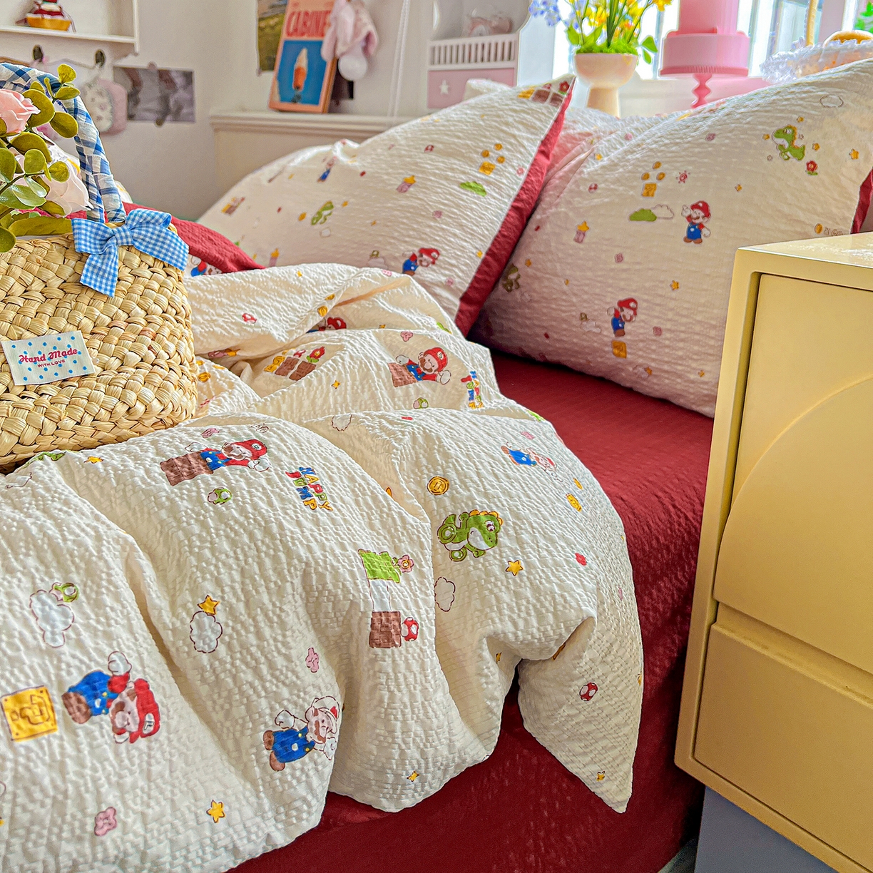 91家纺网 家纺一手货源 找家纺 悦织湾家纺 2026新款泡芙棉印花四件套单品单被套枕套时尚轻奢卡通小碎花学生宿舍用品三四件套 超级玛丽