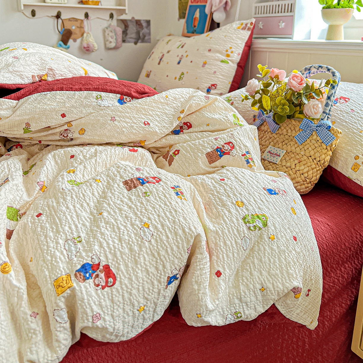 91家纺网 家纺一手货源 找家纺 悦织湾家纺 2026新款泡芙棉印花四件套单品单被套枕套时尚轻奢卡通小碎花学生宿舍用品三四件套 超级玛丽