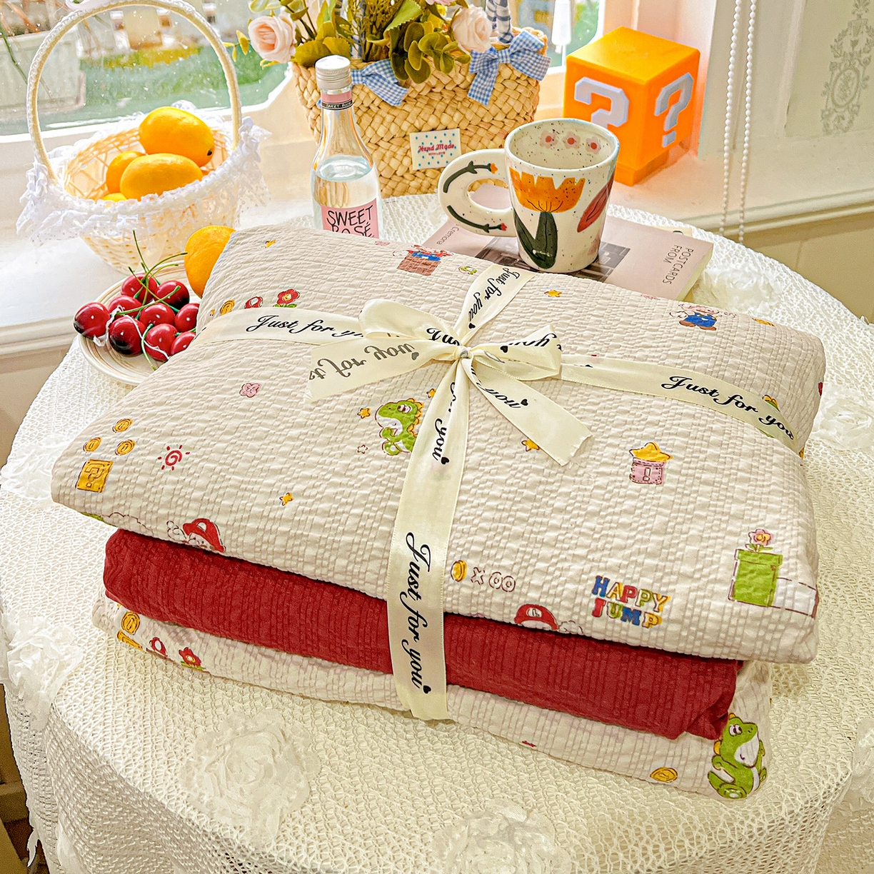 91家纺网 家纺一手货源 找家纺 悦织湾家纺 2026新款泡芙棉印花四件套单品单被套枕套时尚轻奢卡通小碎花学生宿舍用品三四件套 超级玛丽