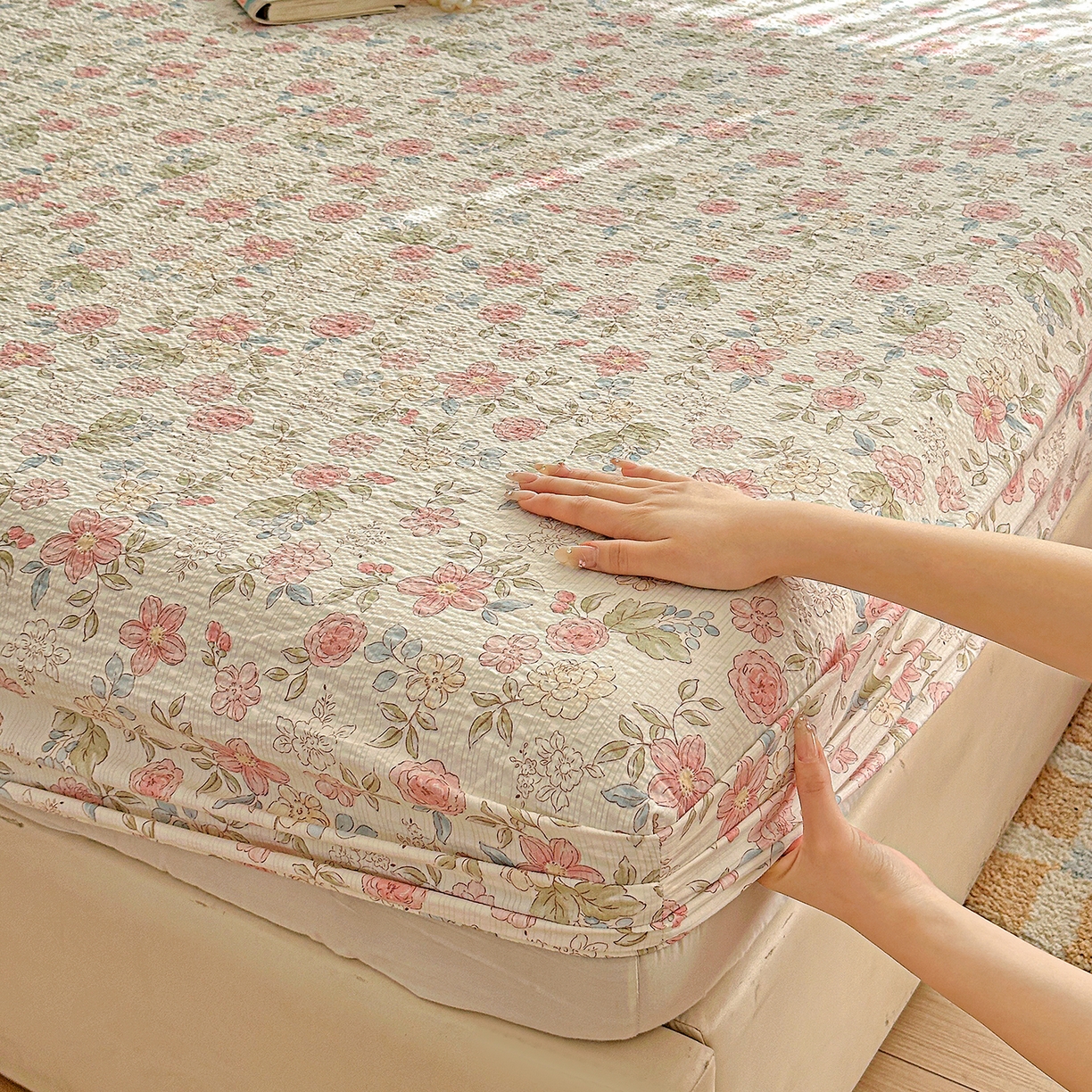 91家纺网 家纺一手货源 找家纺 悦织湾家纺 2026新款老粗布印花床单床笠床笠三两件套春秋学生宿舍单双人床笠 春日花语