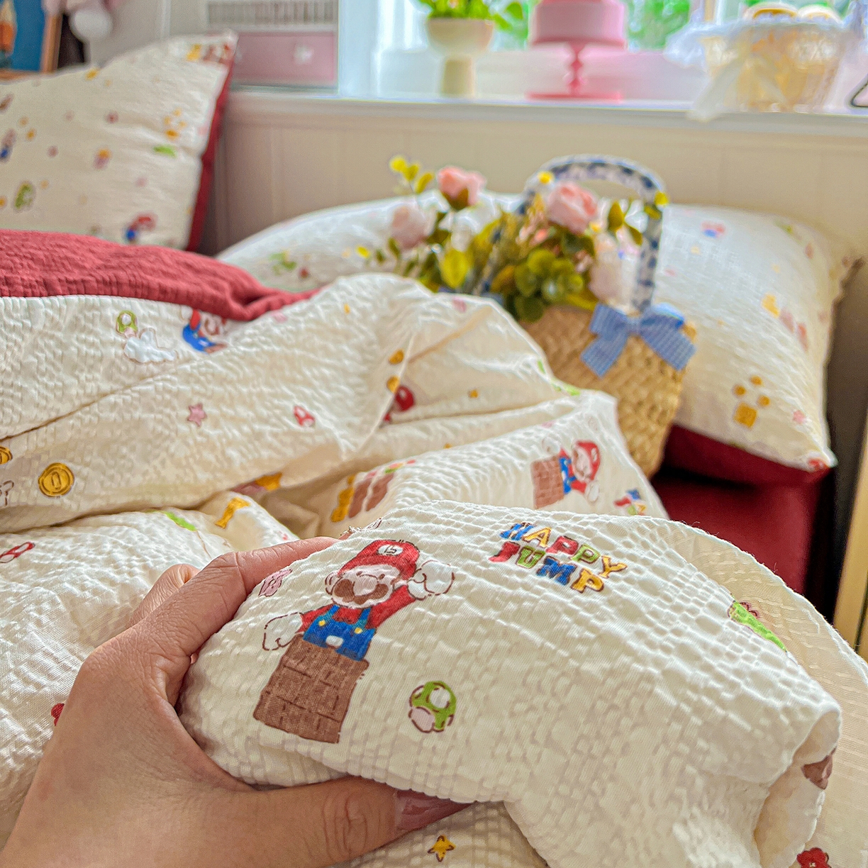 91家纺网 家纺一手货源 找家纺 悦织湾家纺 2026新款泡芙棉印花四件套单品单被套枕套时尚轻奢卡通小碎花学生宿舍用品三四件套 超级玛丽