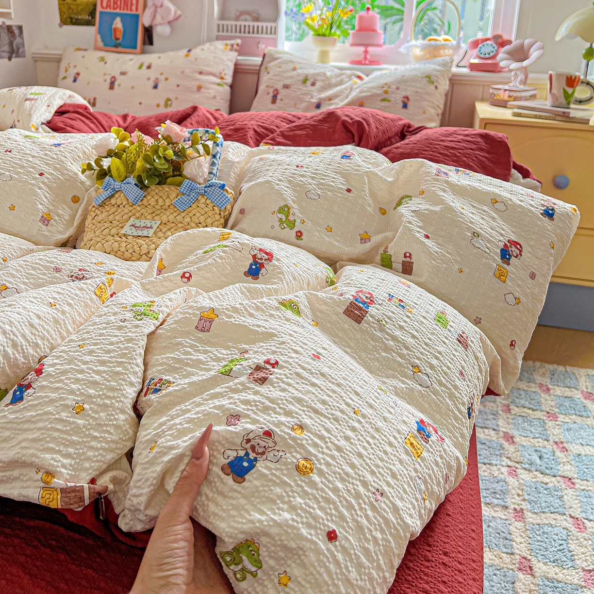 91家纺网 家纺一手货源 找家纺 悦织湾家纺 2026新款泡芙棉印花四件套单品单被套枕套时尚轻奢卡通小碎花学生宿舍用品三四件套 超级玛丽