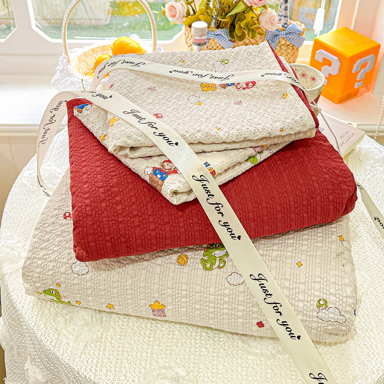 91家纺网 家纺一手货源 找家纺 悦织湾家纺 2026新款泡芙棉印花四件套单品单被套枕套时尚轻奢卡通小碎花学生宿舍用品三四件套 超级玛丽