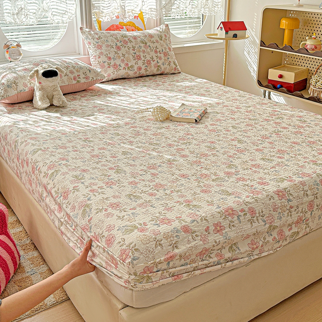 91家纺网 家纺一手货源 找家纺 悦织湾家纺 2026新款老粗布印花床单床笠床笠三两件套春秋学生宿舍单双人床笠 春日花语