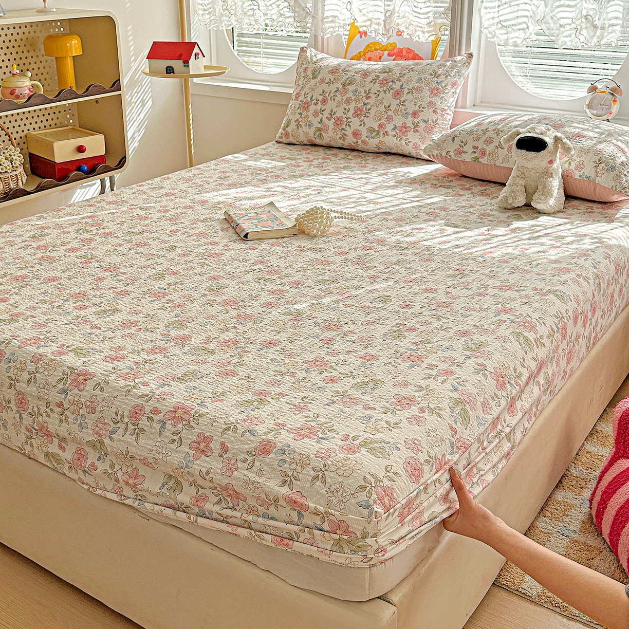 91家纺网 家纺一手货源 找家纺 悦织湾家纺 2026新款老粗布印花床单床笠床笠三两件套春秋学生宿舍单双人床笠 春日花语