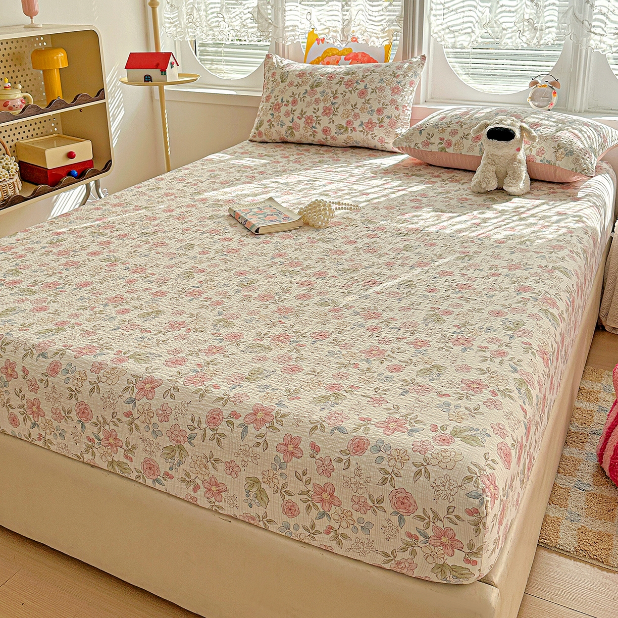 91家纺网 家纺一手货源 找家纺 悦织湾家纺 2026新款老粗布印花床单床笠床笠三两件套春秋学生宿舍单双人床笠 春日花语