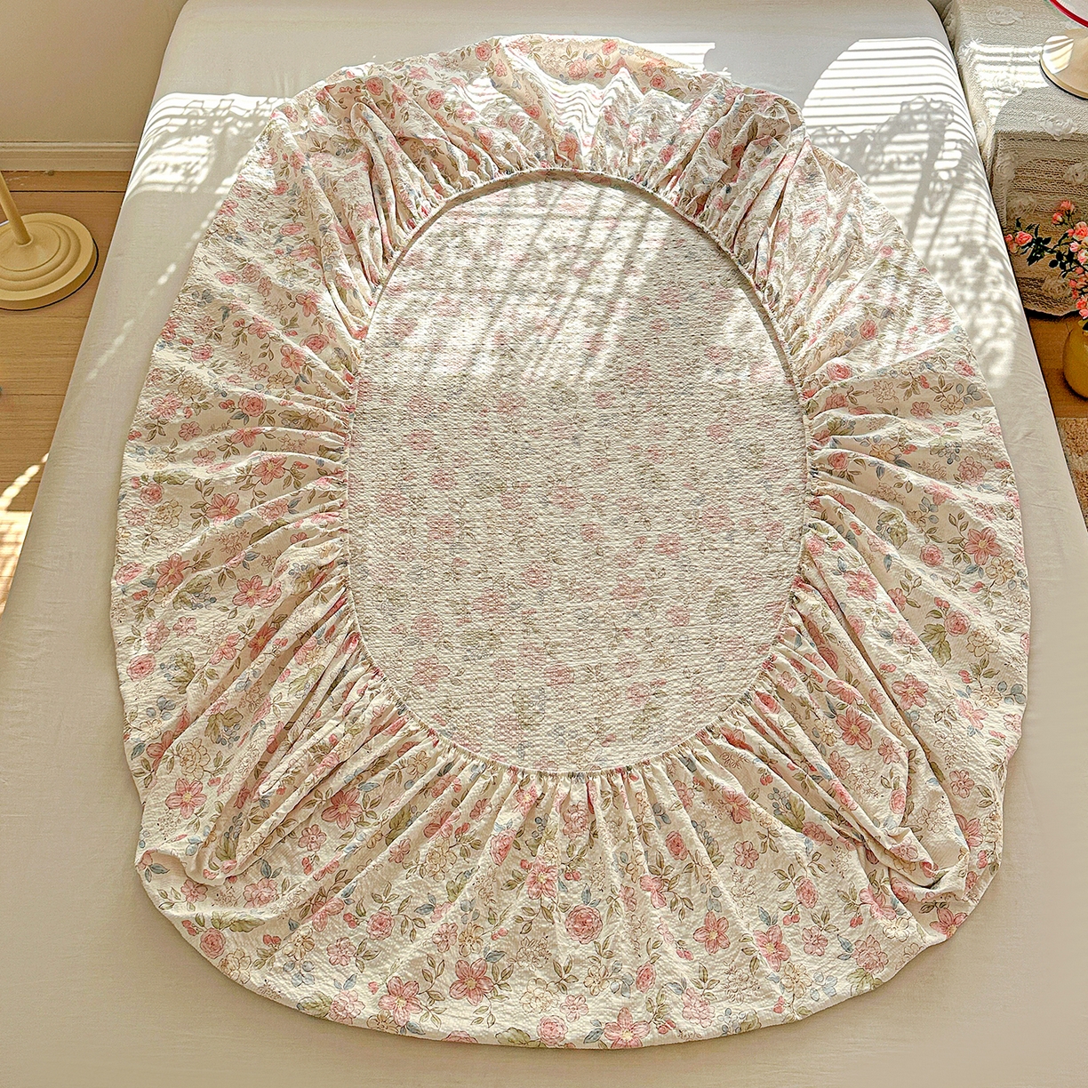 91家纺网 家纺一手货源 找家纺 悦织湾家纺 2026新款老粗布印花床单床笠床笠三两件套春秋学生宿舍单双人床笠 春日花语