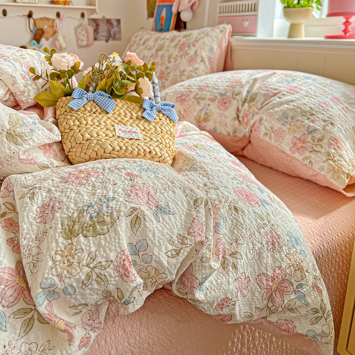 91家纺网 家纺一手货源 找家纺 悦织湾家纺 2026新款泡芙棉印花四件套单品单被套枕套时尚轻奢卡通小碎花学生宿舍用品三四件套 春日花语