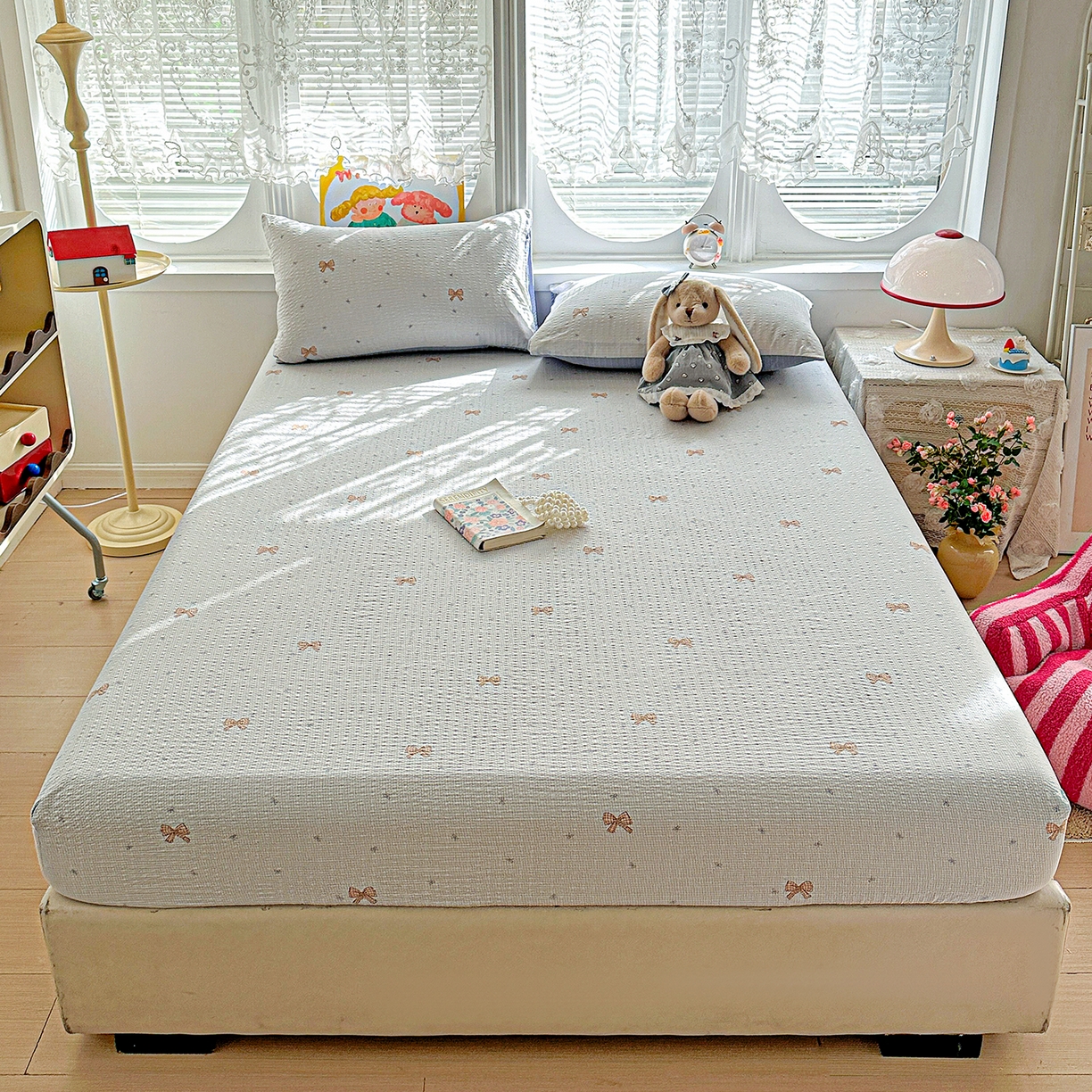 悦织湾家纺 2026新款老粗布印花床单床笠床笠三两件套春秋学生宿舍单双人床笠 格纹蝶梦