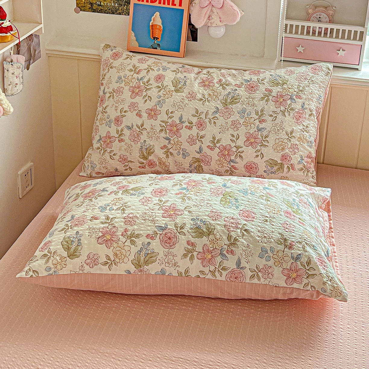 91家纺网 家纺一手货源 找家纺 悦织湾家纺 2026新款泡芙棉印花四件套单品单被套枕套时尚轻奢卡通小碎花学生宿舍用品三四件套 春日花语