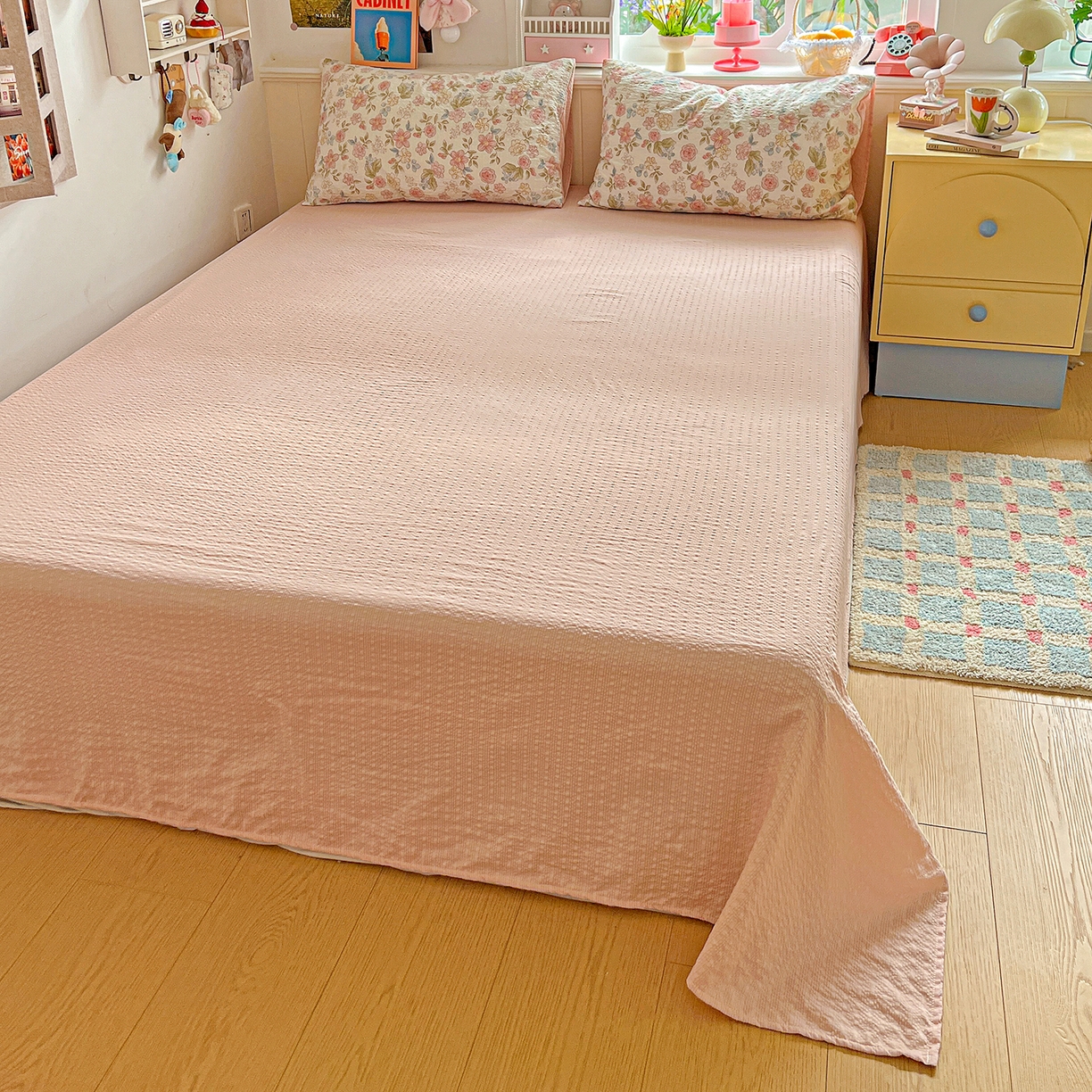 91家纺网 家纺一手货源 找家纺 悦织湾家纺 2026新款泡芙棉印花四件套单品单被套枕套时尚轻奢卡通小碎花学生宿舍用品三四件套 春日花语