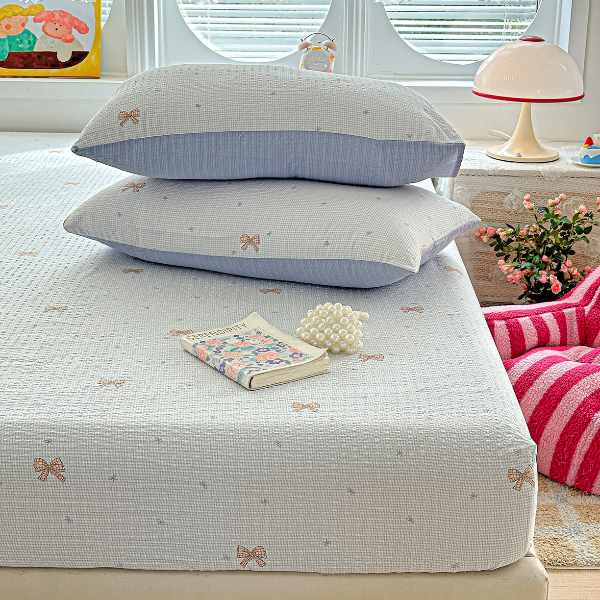 91家纺网 家纺一手货源 找家纺 悦织湾家纺 2026新款老粗布印花床单床笠床笠三两件套春秋学生宿舍单双人床笠 格纹蝶梦