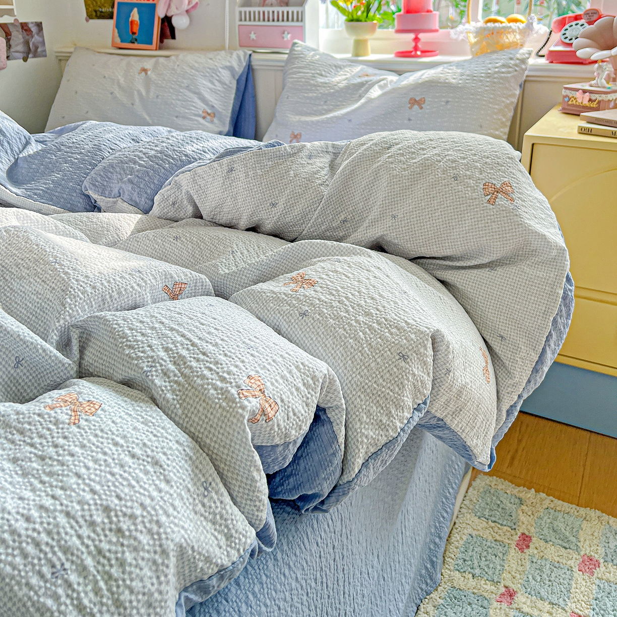 91家纺网 家纺一手货源 找家纺 悦织湾家纺 2026新款泡芙棉印花四件套单品单被套枕套时尚轻奢卡通小碎花学生宿舍用品三四件套 格纹蝶梦