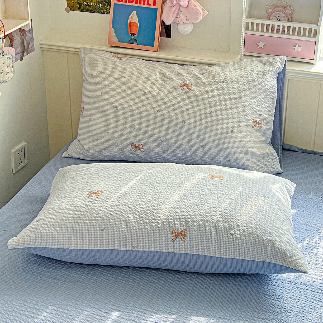 91家纺网 家纺一手货源 找家纺 悦织湾家纺 2026新款泡芙棉印花四件套单品单被套枕套时尚轻奢卡通小碎花学生宿舍用品三四件套 格纹蝶梦