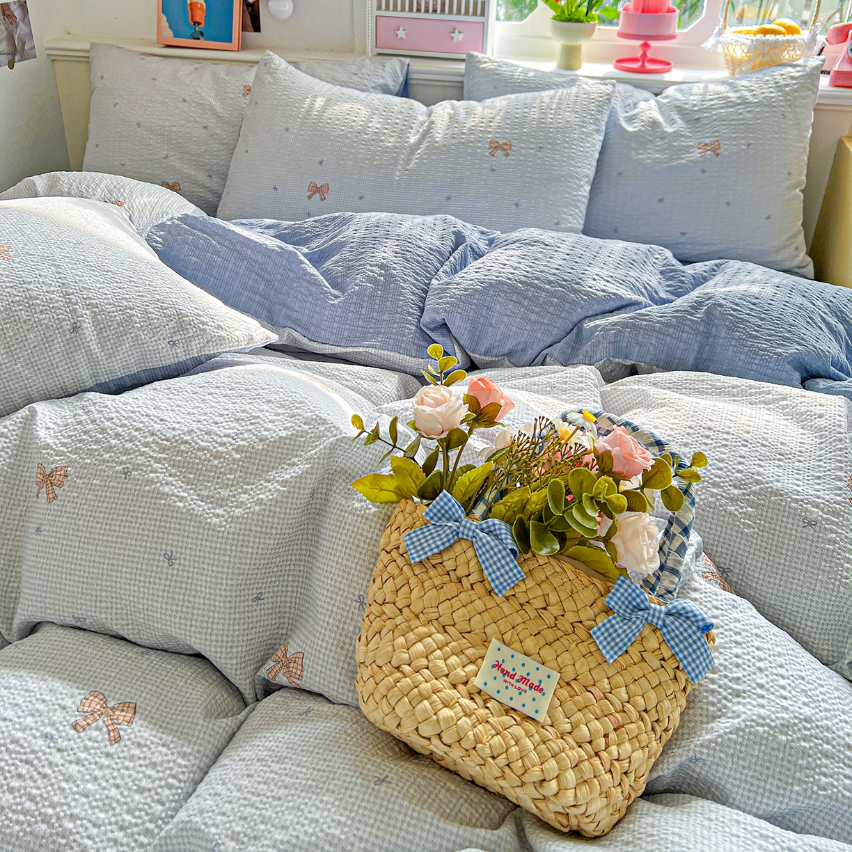 91家纺网 家纺一手货源 找家纺 悦织湾家纺 2026新款泡芙棉印花四件套单品单被套枕套时尚轻奢卡通小碎花学生宿舍用品三四件套 格纹蝶梦