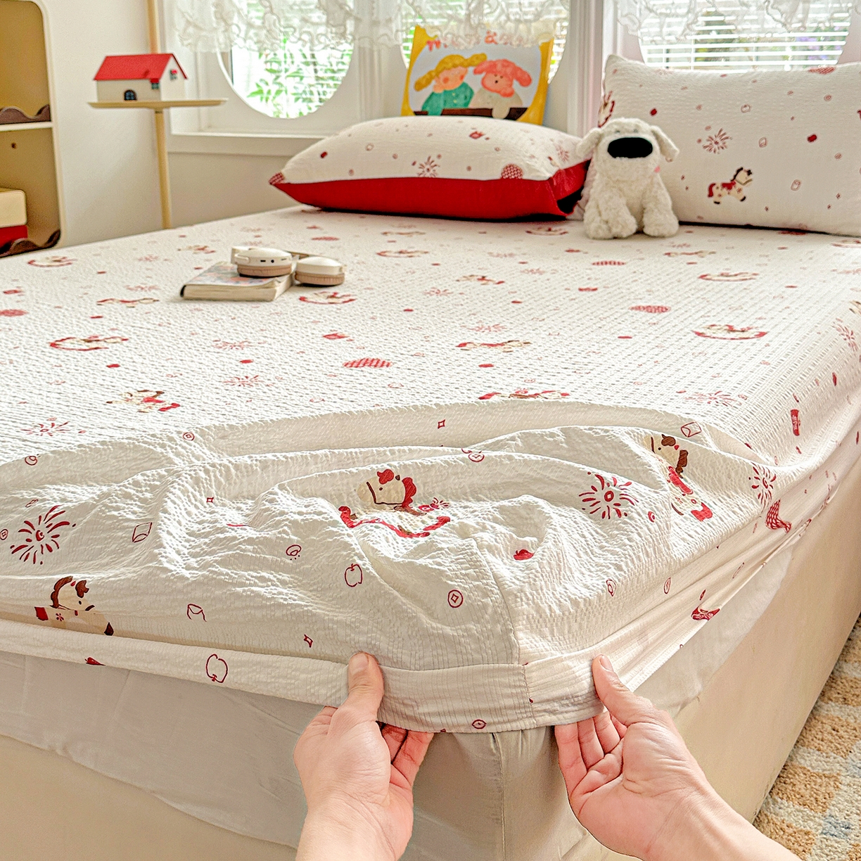 91家纺网 家纺一手货源 找家纺 悦织湾家纺 2026新款老粗布印花床单床笠床笠三两件套春秋学生宿舍单双人床笠 鸿运小马