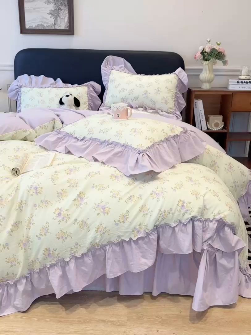 91家纺网 家纺一手货源 找家纺 大麦家纺 2026新款水洗古棉床盖印花四件套 赫本夏朵