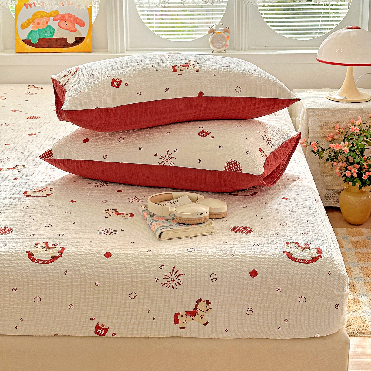 91家纺网 家纺一手货源 找家纺 悦织湾家纺 2026新款老粗布印花床单床笠床笠三两件套春秋学生宿舍单双人床笠 鸿运小马