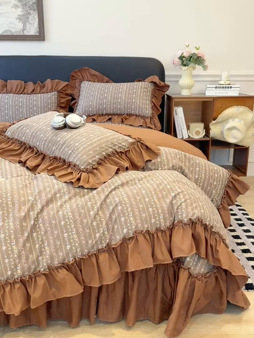 91家纺网 家纺一手货源 找家纺 大麦家纺 2026新款水洗古棉床盖印花四件套 春华