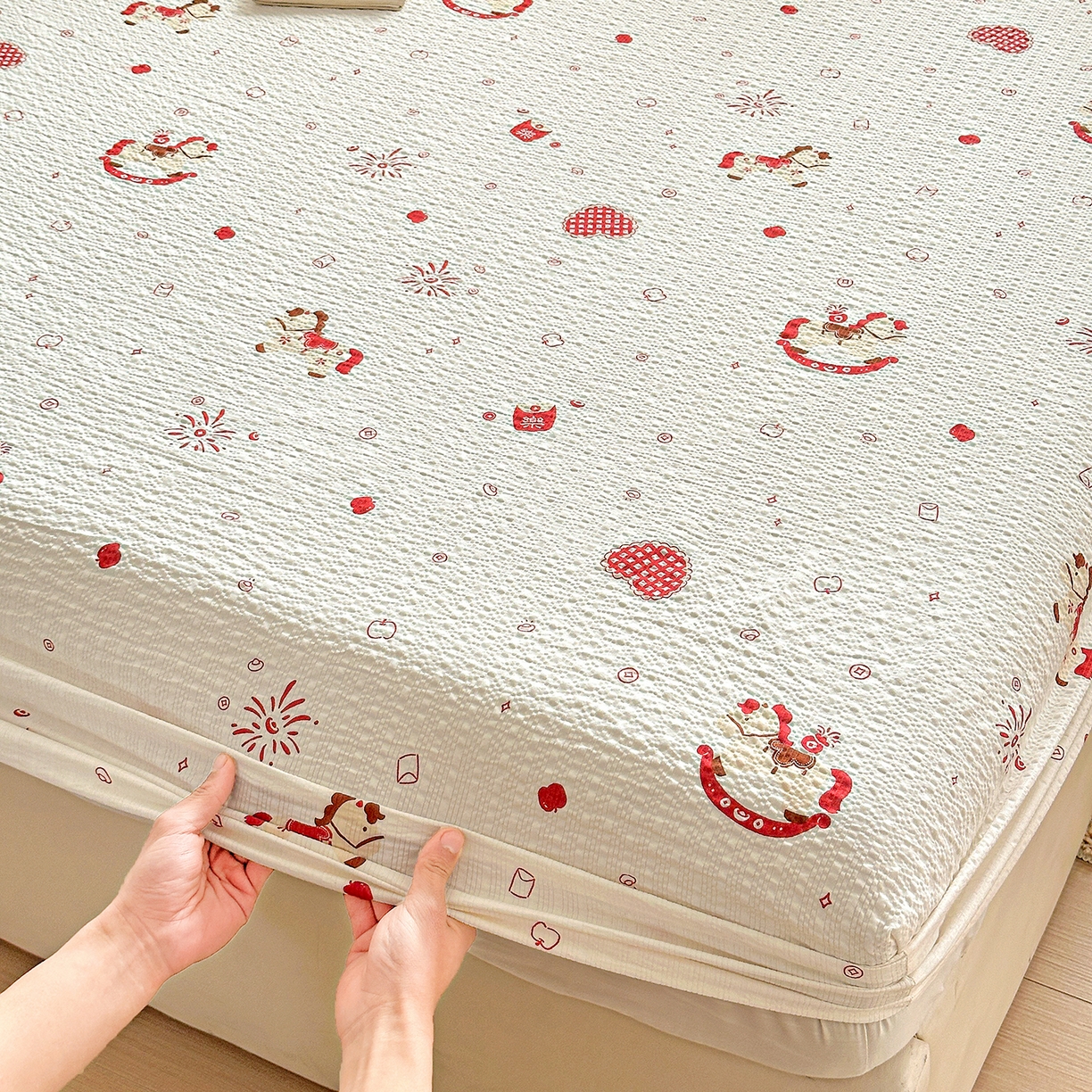 91家纺网 家纺一手货源 找家纺 悦织湾家纺 2026新款老粗布印花床单床笠床笠三两件套春秋学生宿舍单双人床笠 鸿运小马