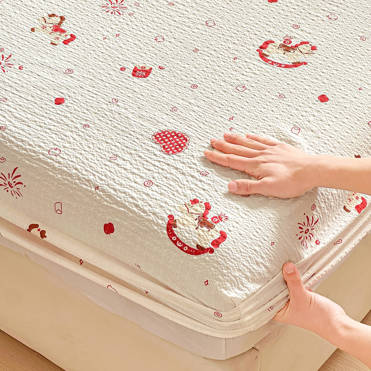 91家纺网 家纺一手货源 找家纺 悦织湾家纺 2026新款老粗布印花床单床笠床笠三两件套春秋学生宿舍单双人床笠 鸿运小马