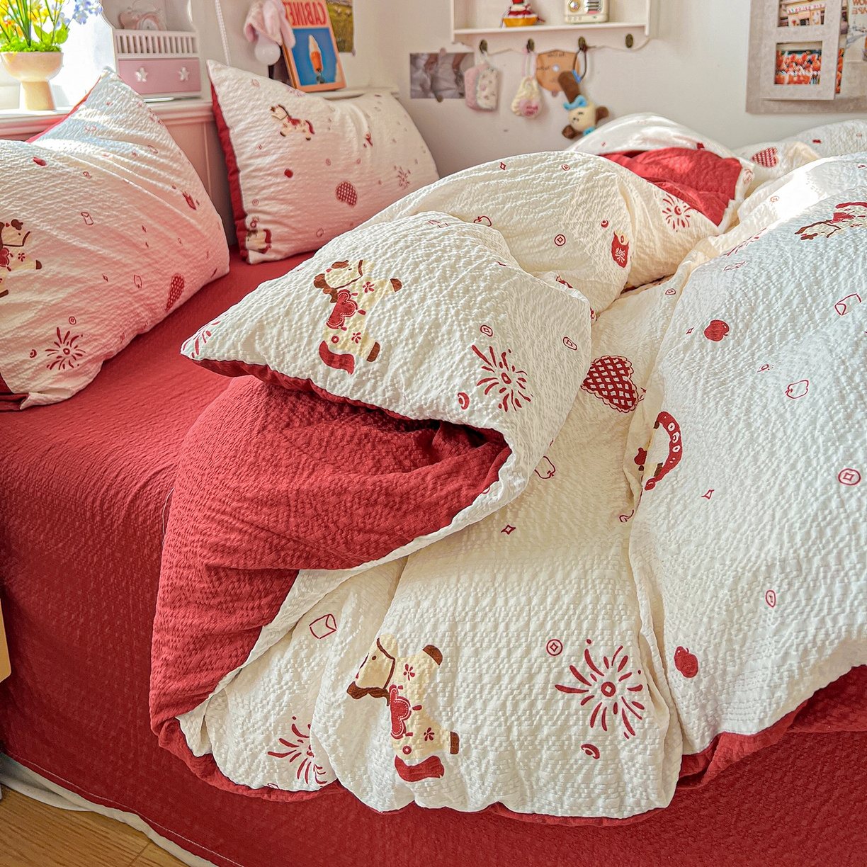 91家纺网 家纺一手货源 找家纺 悦织湾家纺 2026新款泡芙棉印花四件套单品单被套枕套时尚轻奢卡通小碎花学生宿舍用品三四件套 鸿运小马