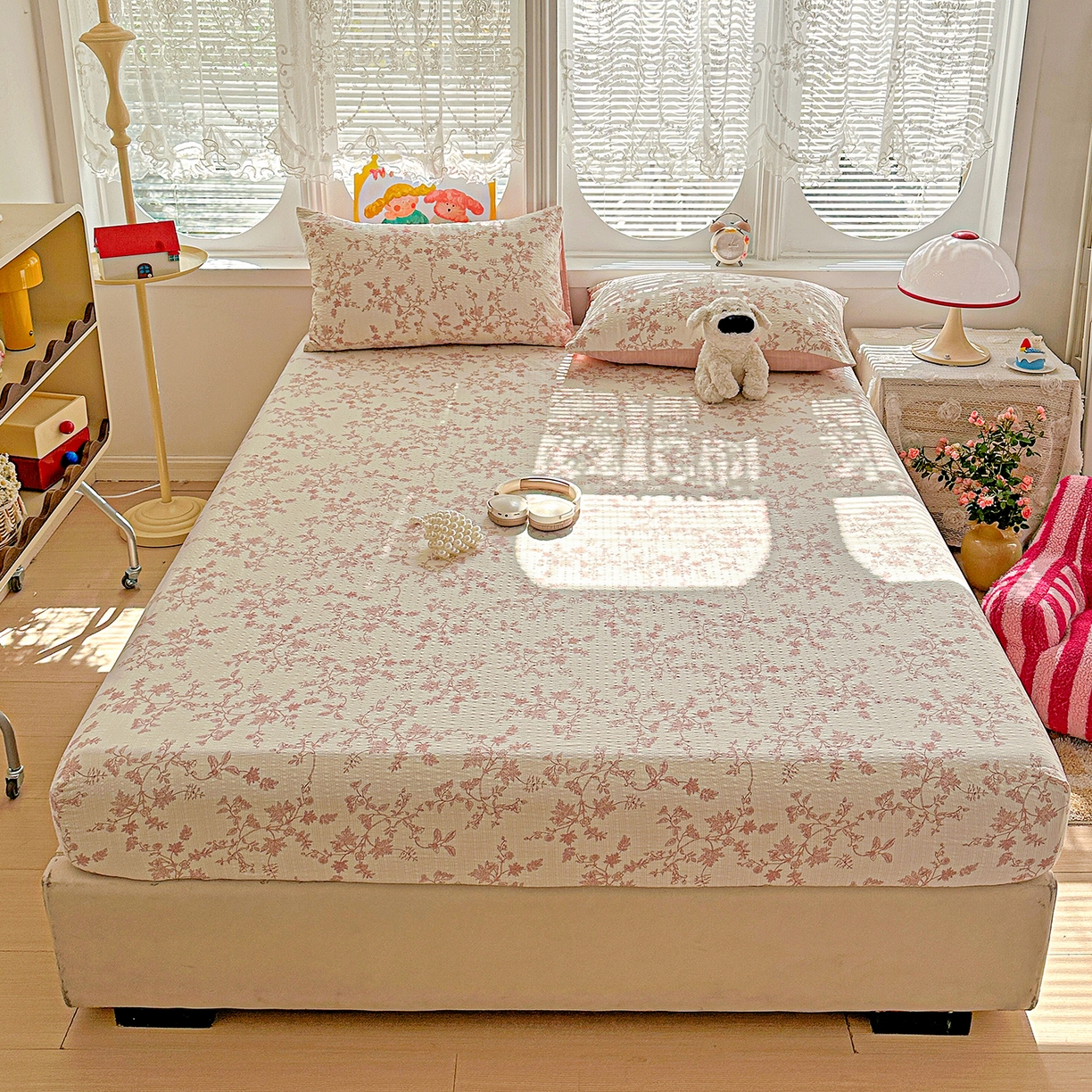 悦织湾家纺 2026新款老粗布印花床单床笠床笠三两件套春秋学生宿舍单双人床笠 花蔓（粉）