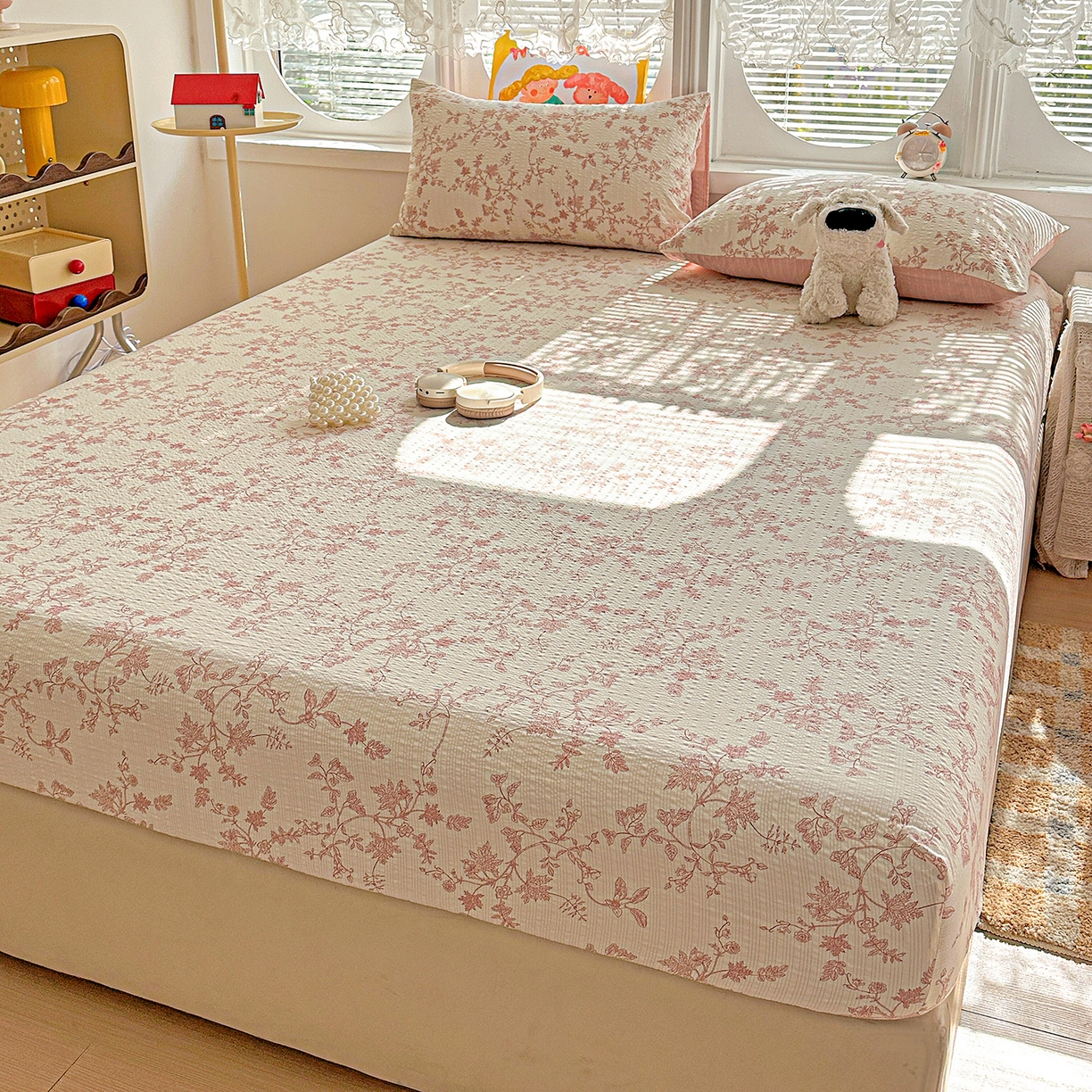 91家纺网 家纺一手货源 找家纺 悦织湾家纺 2026新款老粗布印花床单床笠床笠三两件套春秋学生宿舍单双人床笠 花蔓（粉）