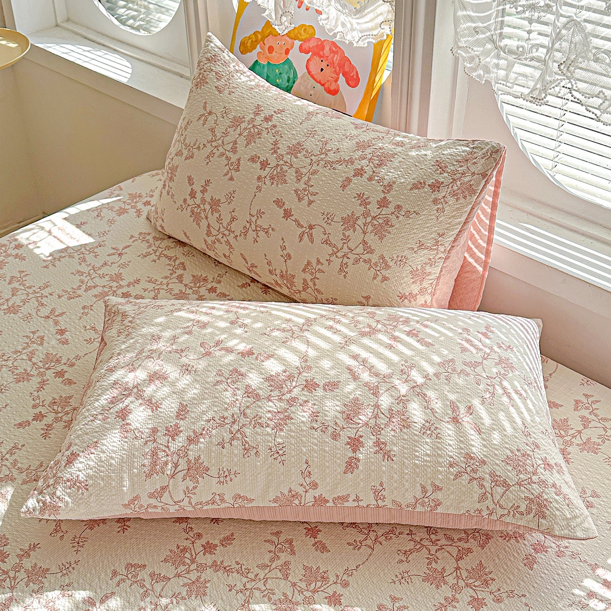 91家纺网 家纺一手货源 找家纺 悦织湾家纺 2026新款老粗布印花床单床笠床笠三两件套春秋学生宿舍单双人床笠 花蔓（粉）