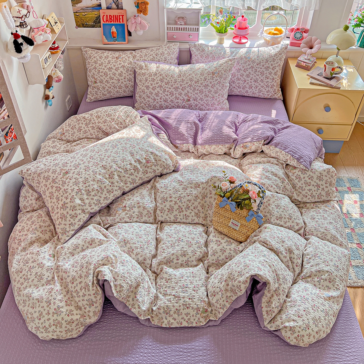 悦织湾家纺 2026新款泡芙棉印花四件套单品单被套枕套时尚轻奢卡通小碎花学生宿舍用品三四件套 花紫兔